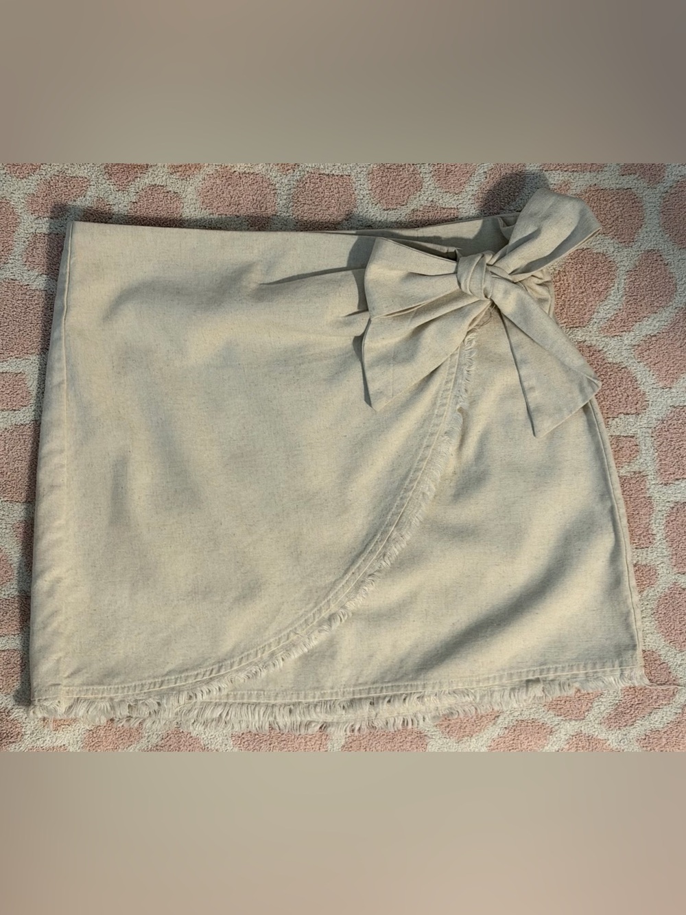 NWT She + Sky Cream Linen Blend Frayed Wrap Mini Skirt Bow Detail Size M